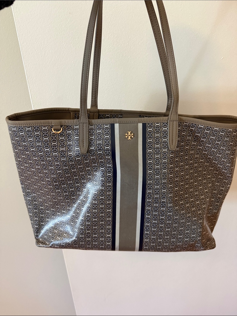 Tory Burch Gray and Navy Stripe Logo Tote